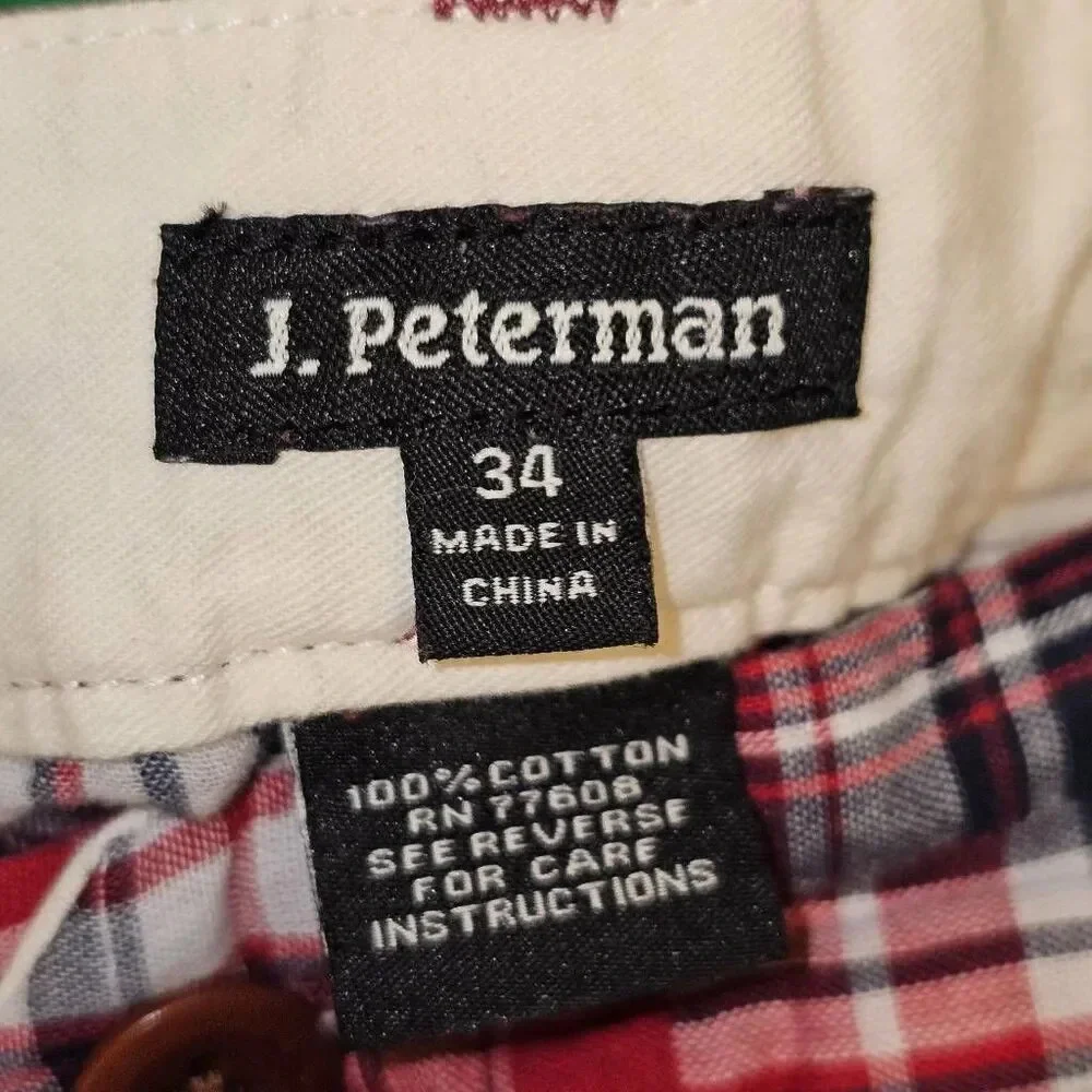 J Peterman Mens Red Madras Plaid Bermuda Shorts 34